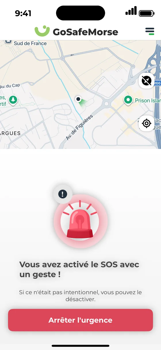 Écran du prototype : « Vous avez activé le SOS avec un geste ! »