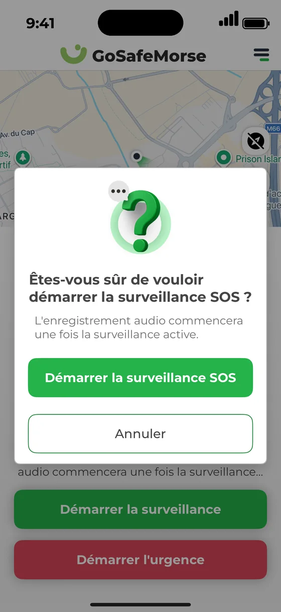 Écran du prototype : « Êtes-vous sûr(e) de vouloir démarrer la surveillance SOS ? »