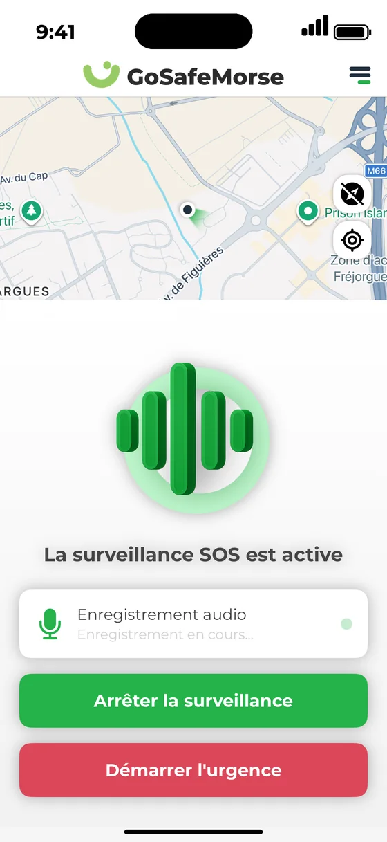 Écran du prototype : « La surveillance SOS est active »