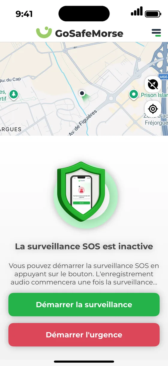 Écran du prototype : « La surveillance SOS est inactive »