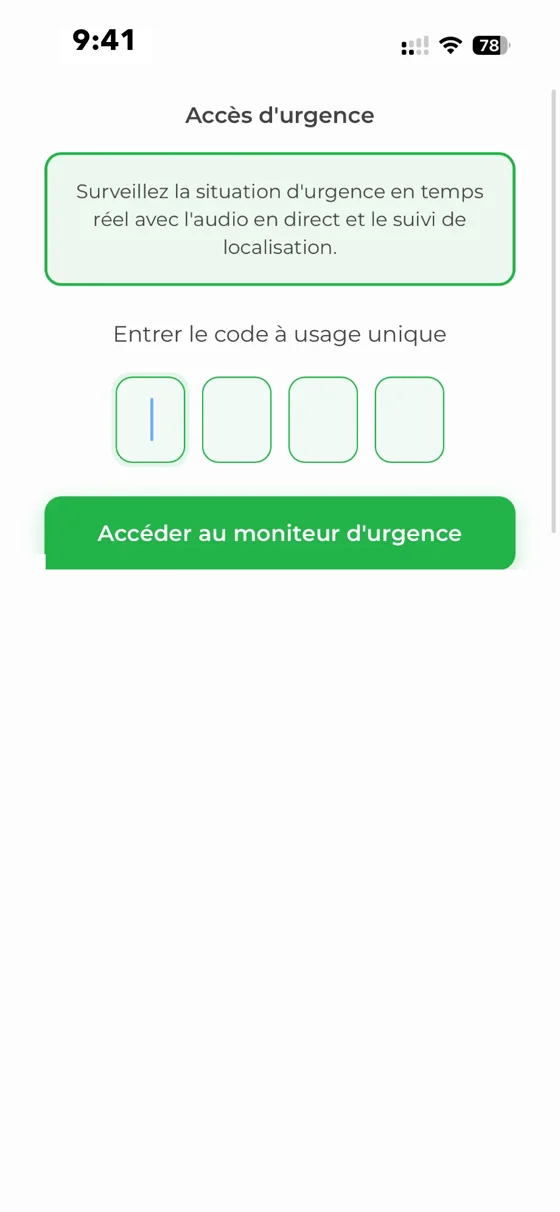 Capture du prototype : l’écran « Accès d’urgence » où le proche saisit le code