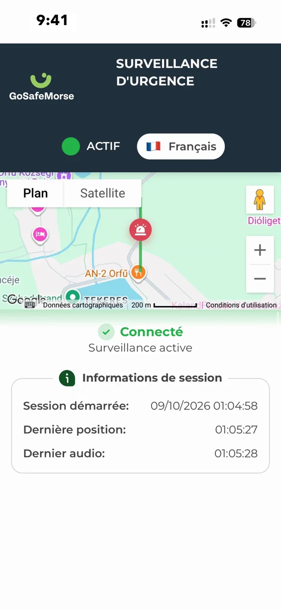 Capture du prototype : la surveillance d’urgence avec la carte, la position et l’audio